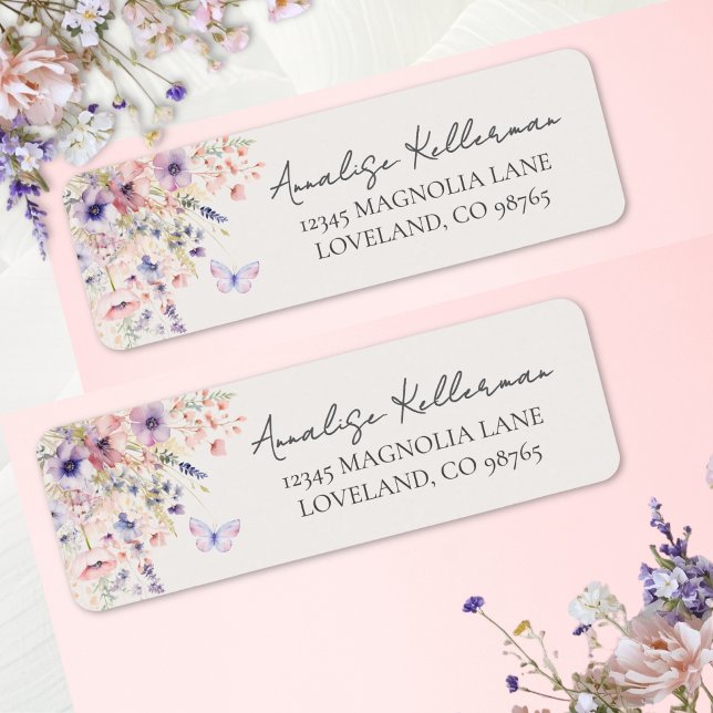 Étiquette Papillon Fleur Sauvage Adresse de Retour (Butterfly Wildflower Return Address Label)