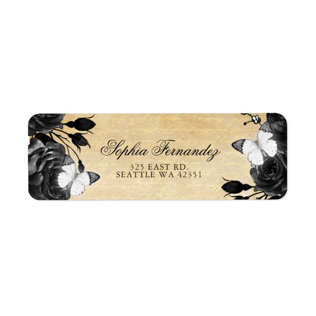 Étiquette Papillon floral Roses Noires Rustique Vintage  (Devant)