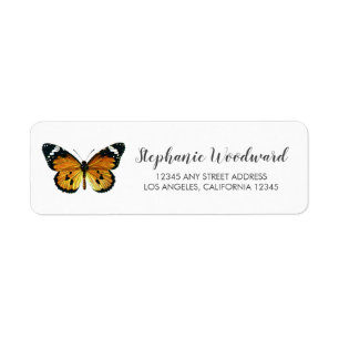 Étiquette Papillon orange vintage écriture retour adresse