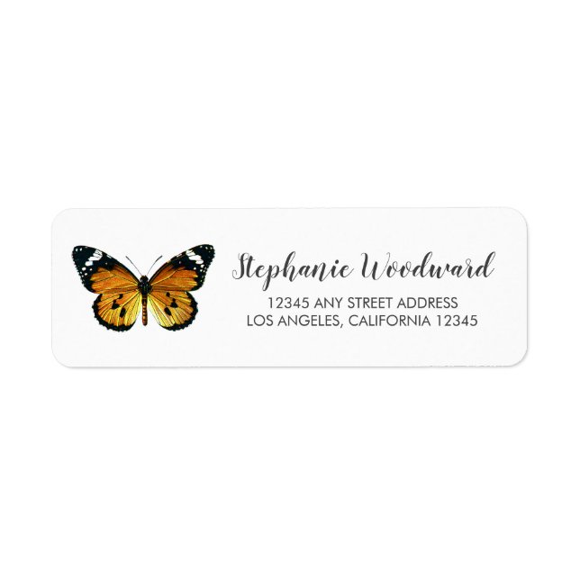Étiquette Papillon orange vintage écriture retour adresse (Devant)