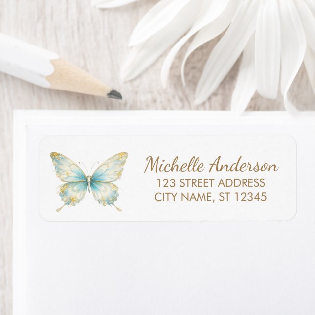 Étiquette Papillon pailleté bleu clair et or Adresse de reto (En situation)