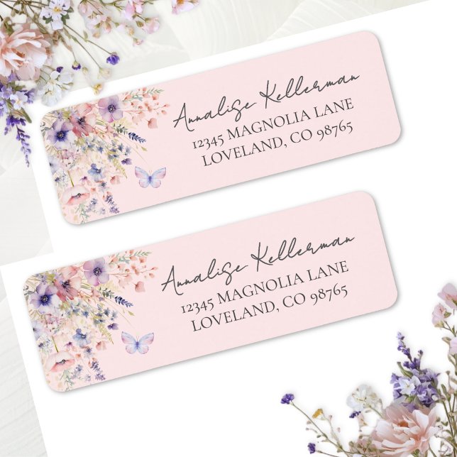 Étiquette Papillon Rose Sauvage Adresse de Retour (Pink Butterfly Wildflower Return Address Label)