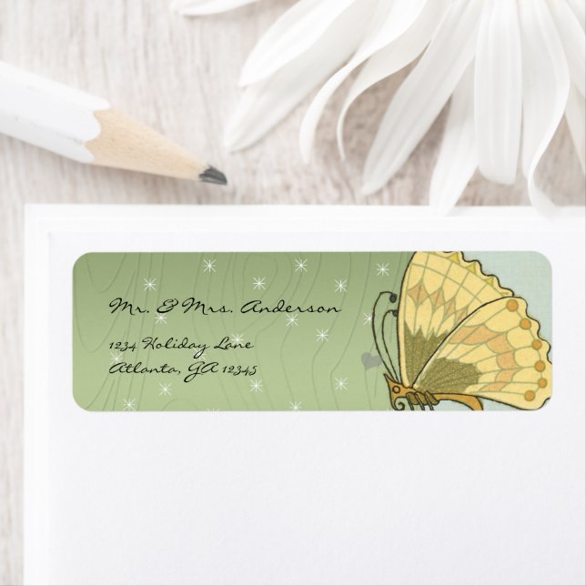 Étiquette Papillon vintage Vert Grain Star Adresse (En situation)