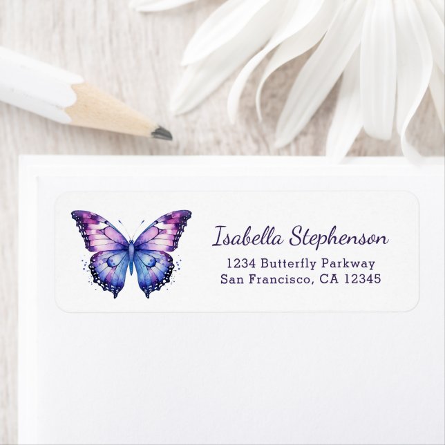 Étiquette Papillon Violet Aquarelle Adresse de Retour (En situation)