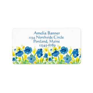 Étiquette Papillons Royal Blue Fleurs d'aquarelle jaune