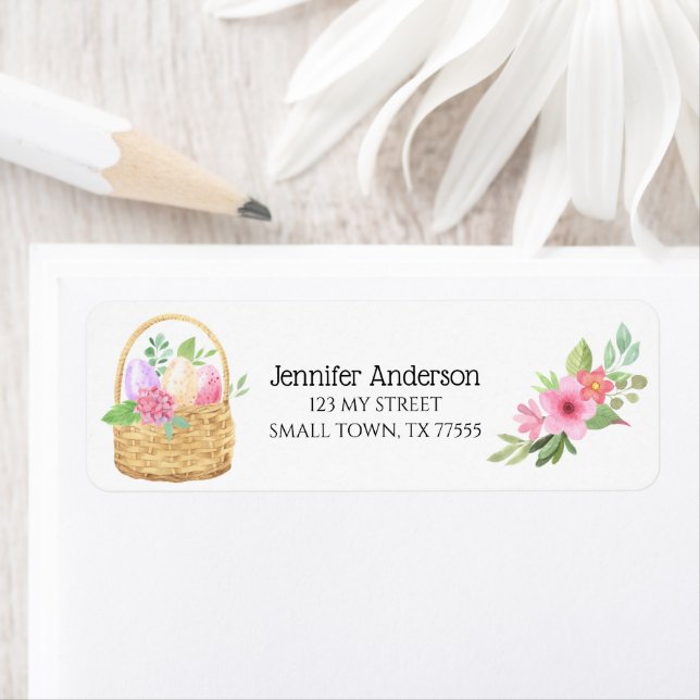Étiquette Pâques Panier Oeufs Fleurs de printemps rose Adres (En situation)