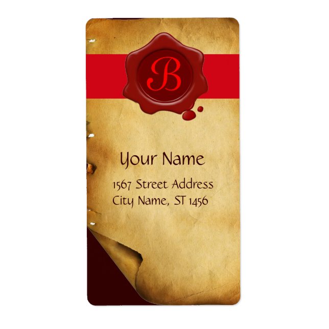 ÉTIQUETTE PARCHEMIN BRUN, SCEAU DE CIRAGE ROUGE MONOGRAMME (Devant)