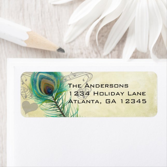 Étiquette Parchemin Vieilli Oiseaux Vintages Plumes de paon (En situation)