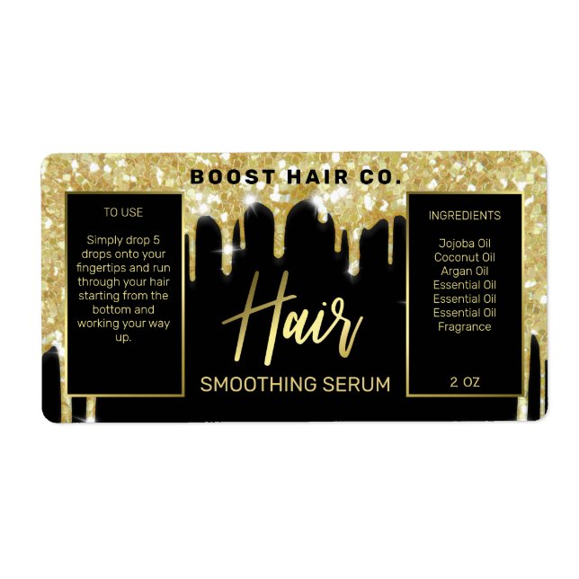 Étiquette Parties scintillant à goutte Noir Serum cheveux Ét (Devant)