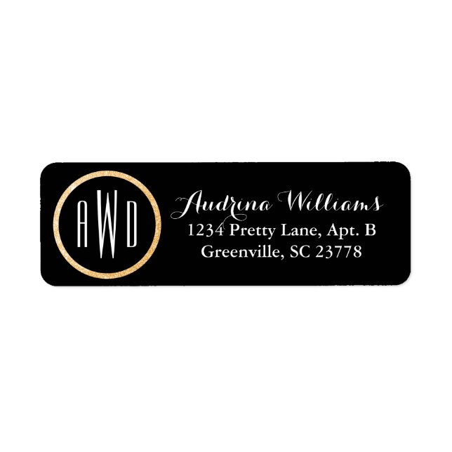 Étiquette Parties scintillant d'or Monogramme Noir (Devant)