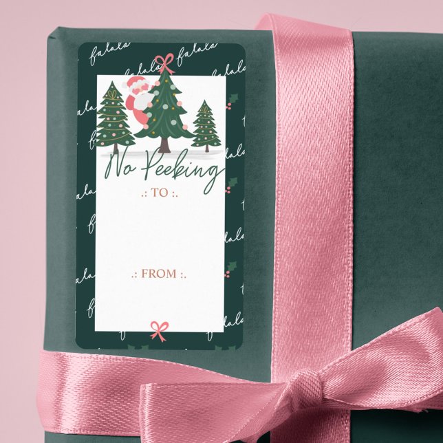 Étiquette Pas de Peeers Le Père Noël Caché, Arbre de Noël (No Peeking Santa Claus Hiding, Christmas Tree Label)