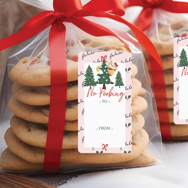 Étiquette Pas de pékin mignon Peeking Chat Noël Arbre rose (No Peeking Cute Peeking Cat Christmas Tree Pink Label)