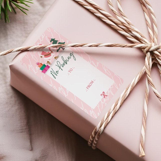 Étiquette Pas De Pékin Rose Noël Père Noël Patinage Sur Glac (No Peeking Pink Christmas Santa Ice Skating Fa La Label)