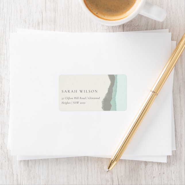 Étiquette Pastel Aqua Grey Kraft Mountain Wave Adresse (En situation)