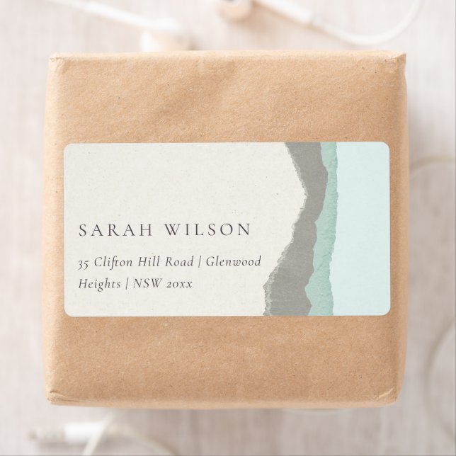 Étiquette Pastel Aqua Grey Kraft Mountain Wave Adresse (En situation)