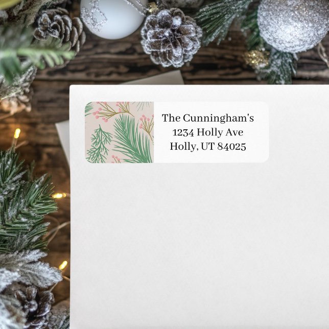 Étiquette Pastel Pink Holly Noël (Pink and green return address label )