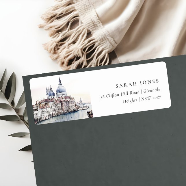 Étiquette Pastel Venice Italie Canaux Aquarelle Adresse (Créateur téléchargé)