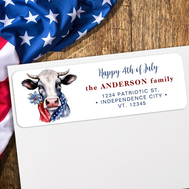 Étiquette Patriotique Cow American 4 juillet Adresse de reto (Créateur téléchargé)