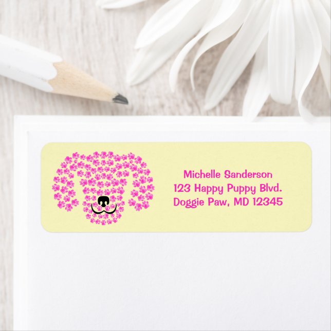 Étiquette Pawprints à tête de chien / Rose chaud & Pastel Ja (En situation)