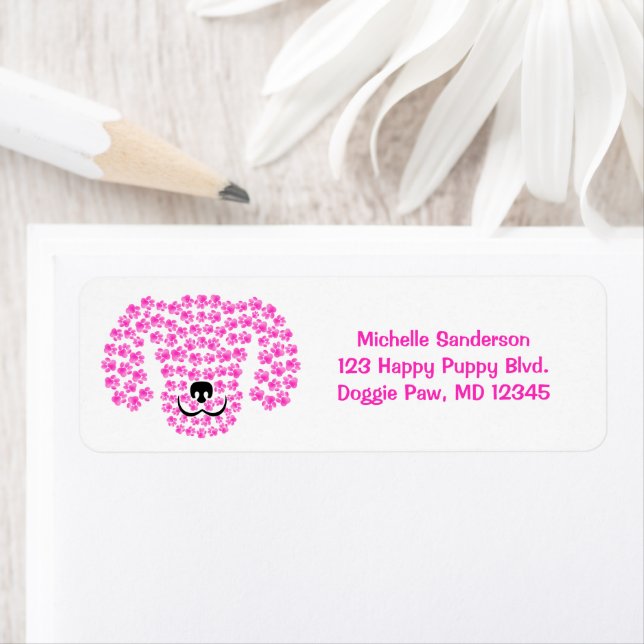 Étiquette Pawprints à tête de chien / Rose et blanc chauds / (En situation)