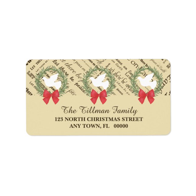 Étiquette Peace on Earth Dove, Feuilles d'oliviers, Typograp (Devant)