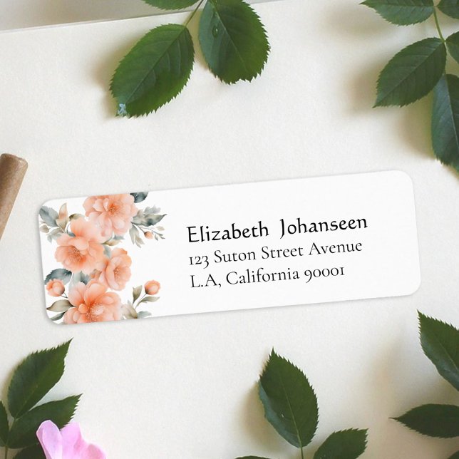 Étiquette Peach Fuzz Floral Aquarelle Chic Calligraphie Nom (Créateur téléchargé)