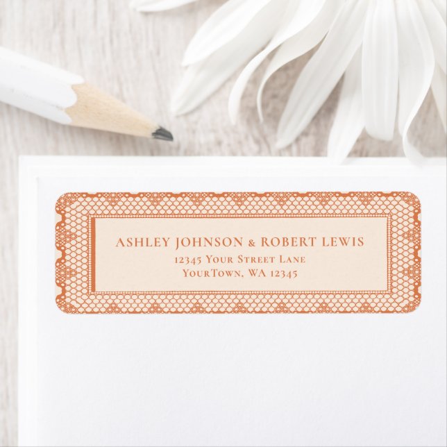 Étiquette Peach Lace Wedding Invitation Return Address (En situation)