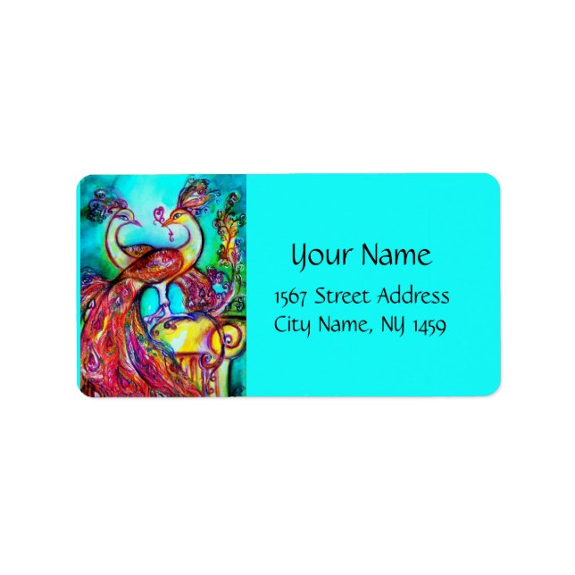 Étiquette PEACOCKS EN AMOUR, bleu rouge turquase vert (Devant)