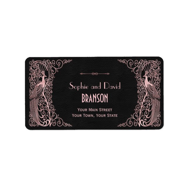 Étiquette Peacocks rose Gold Art Déco Mariage noir (Devant)