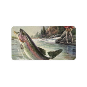 Étiquette Pêche vintage à la truite arc-en-ciel, Pêche des p