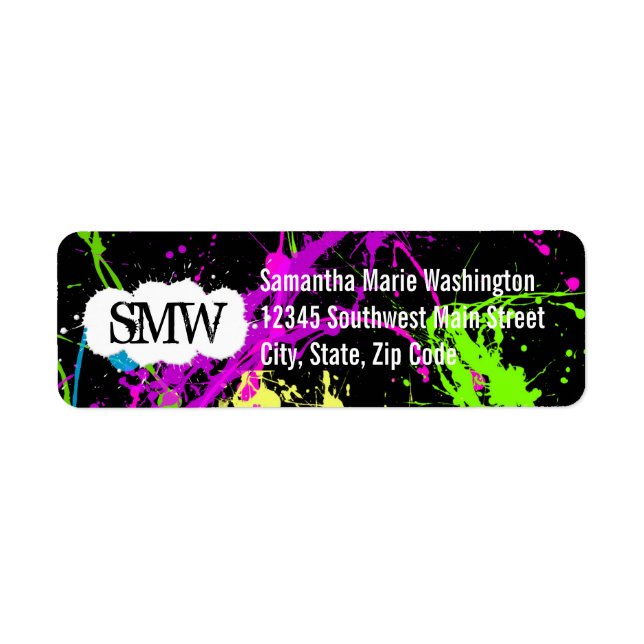 Étiquette Peinture fraîche Retro Neon Splatter sur noir (Devant)