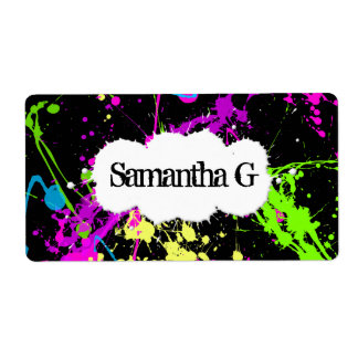 Étiquette Peinture fraîche Retro Neon Splatter sur noir