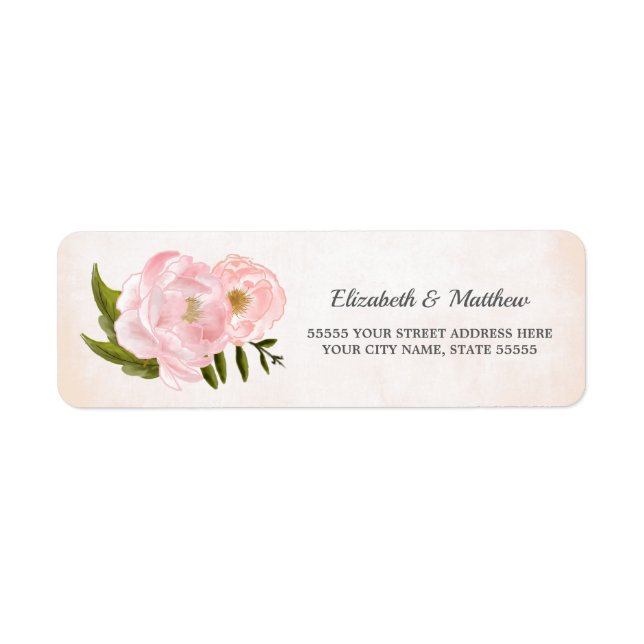 Étiquette Peonies roses blanches Mariage Retourner l'adresse (Devant)