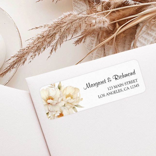 Étiquette Peony Elegant Ivoire Or Aquarelle Florale Adresse (Créateur téléchargé)