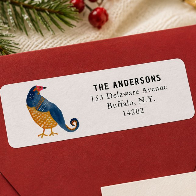 Étiquette Perdrix Bleue Fantaisiste Adresse de Retour Dessin (This Christmas address label features your address alongside my artwork of a blue and gold bird.)