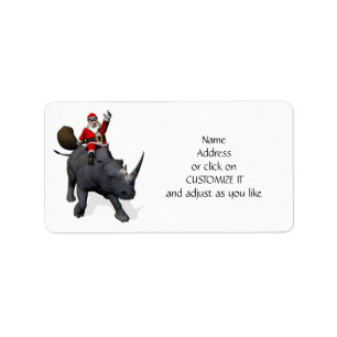 Étiquette Père Noël chevauchant un rhinocéros