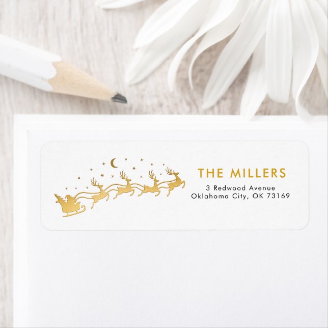 Étiquette Père Noël d'or volant en traîneau avec rennes (En situation)