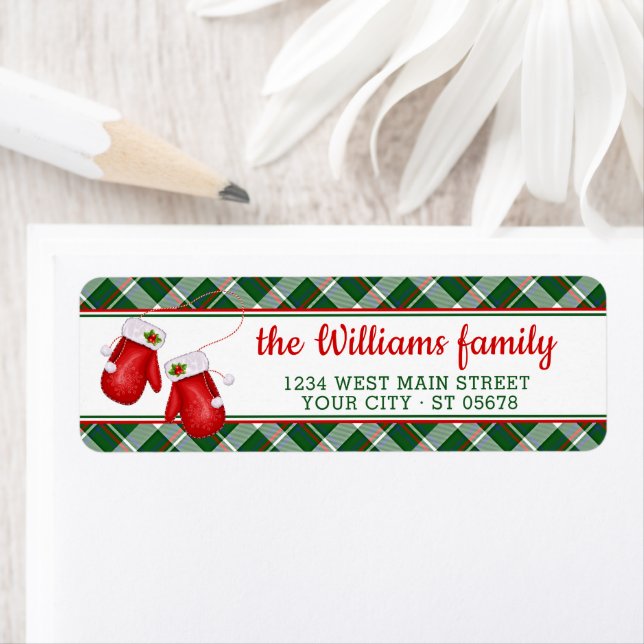 Étiquette Père Noël personnalisé Red Mittens Rouge Vert Moti (En situation)