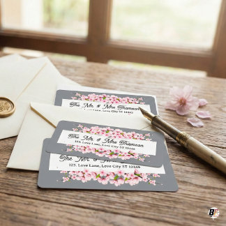 Étiquette Personalized Grey & Pink Cherry Blossom Wedding
