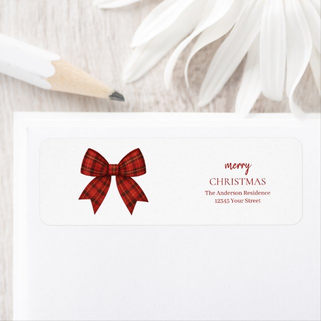 Étiquette Personalized Merry Christmas | Red Plaid Bow (En situation)