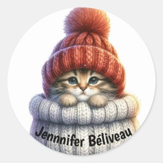 Étiquette personnalisable Chat au bonnet de laine