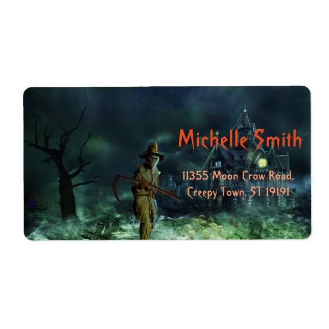 Étiquette Personnalisé Halloween Crâne homme avec Maison (Devant)