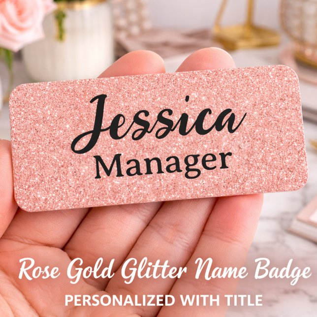 Étiquette personnalisée rose gold pailletée (Custom Rose Gold Glitter Name Badge)