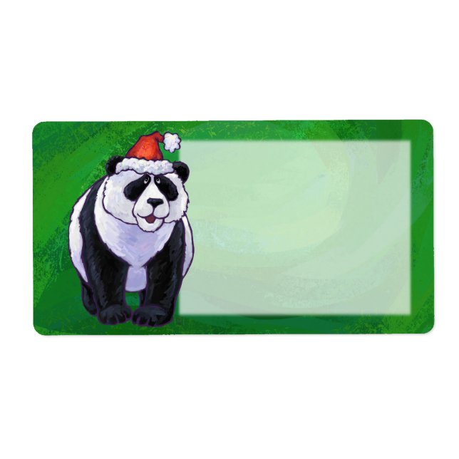 Étiquette Petit panda en costume de Père Noël sur fond vert (Devant)