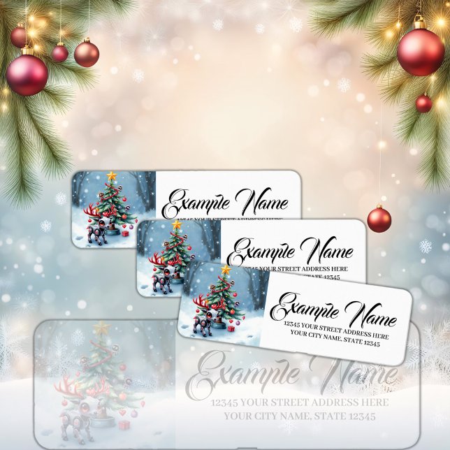 Étiquette Petit renne Cyberpunk avec sapin de Noël (Créateur téléchargé)
