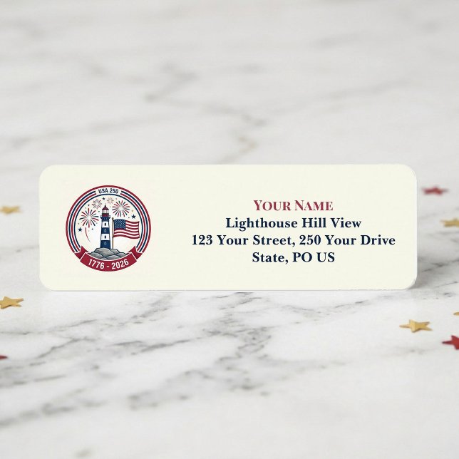 Étiquette Phare Feu d'Artifice Rouge Bleu 250e Anniversaire  (USA 250 Anniversary Lighthouse Red Blue Fireworks Label)