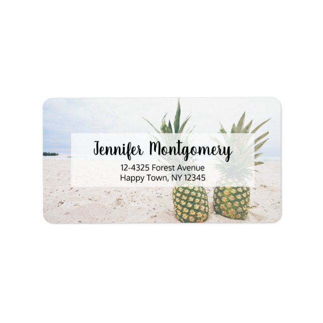 Étiquette Photo de 2 ananas sur une adresse de plage (Devant)