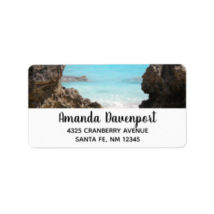 Étiquette Photo de la côte de l'île tropicale et adresse de