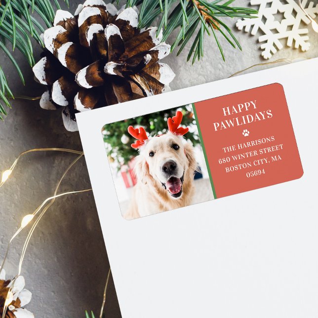 Étiquette Photo de Noël de chien Happy Pawlidays Adresse (Dog Christmas Photo Happy Pawlidays Address Label)