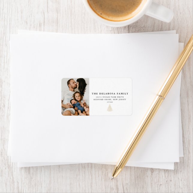 Étiquette Photo famille or sapin de Noël (En situation)